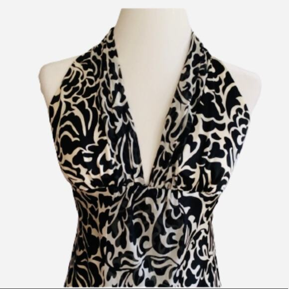 WHBM Halter Dress Black Cream Floral Sleeveless Silk Flowy Halter Dress Size 4 - Picture 3 of 15